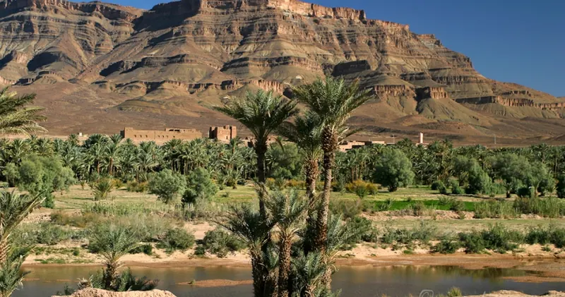 Palm oasis, river and flat-topped mountain in southern Morocco
